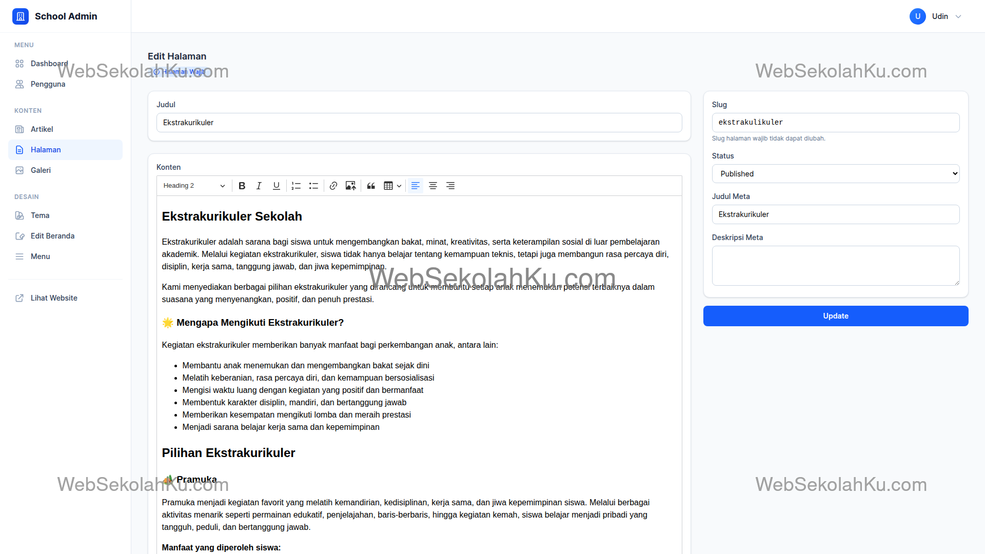 Panduan Website Sekolah - Mengedit Halaman Ekstrakurikuler