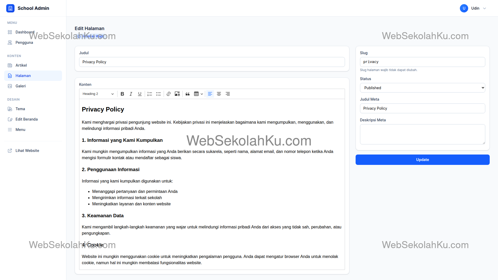 Panduan Website Sekolah - Mengedit Halaman Privacu Policy