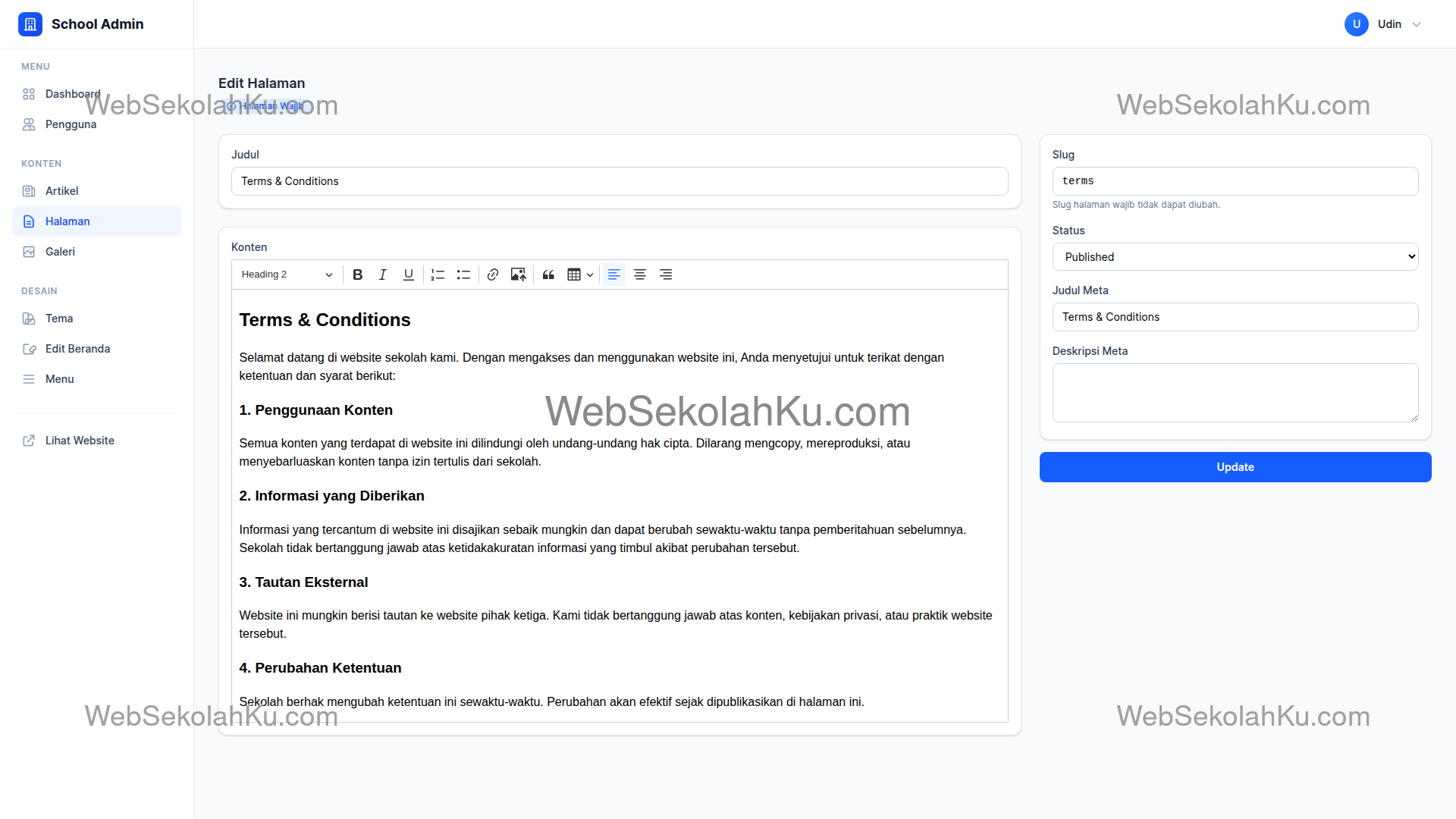 Panduan Website Sekolah - Mengedit Halaman Terms & Conditions