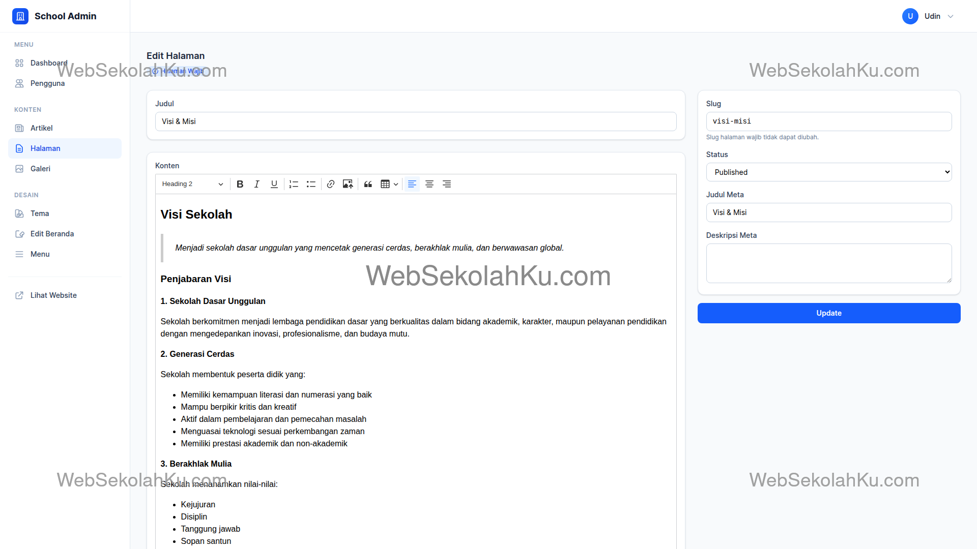 Panduan Website Sekolah - Mengedit Halaman Visi Misi